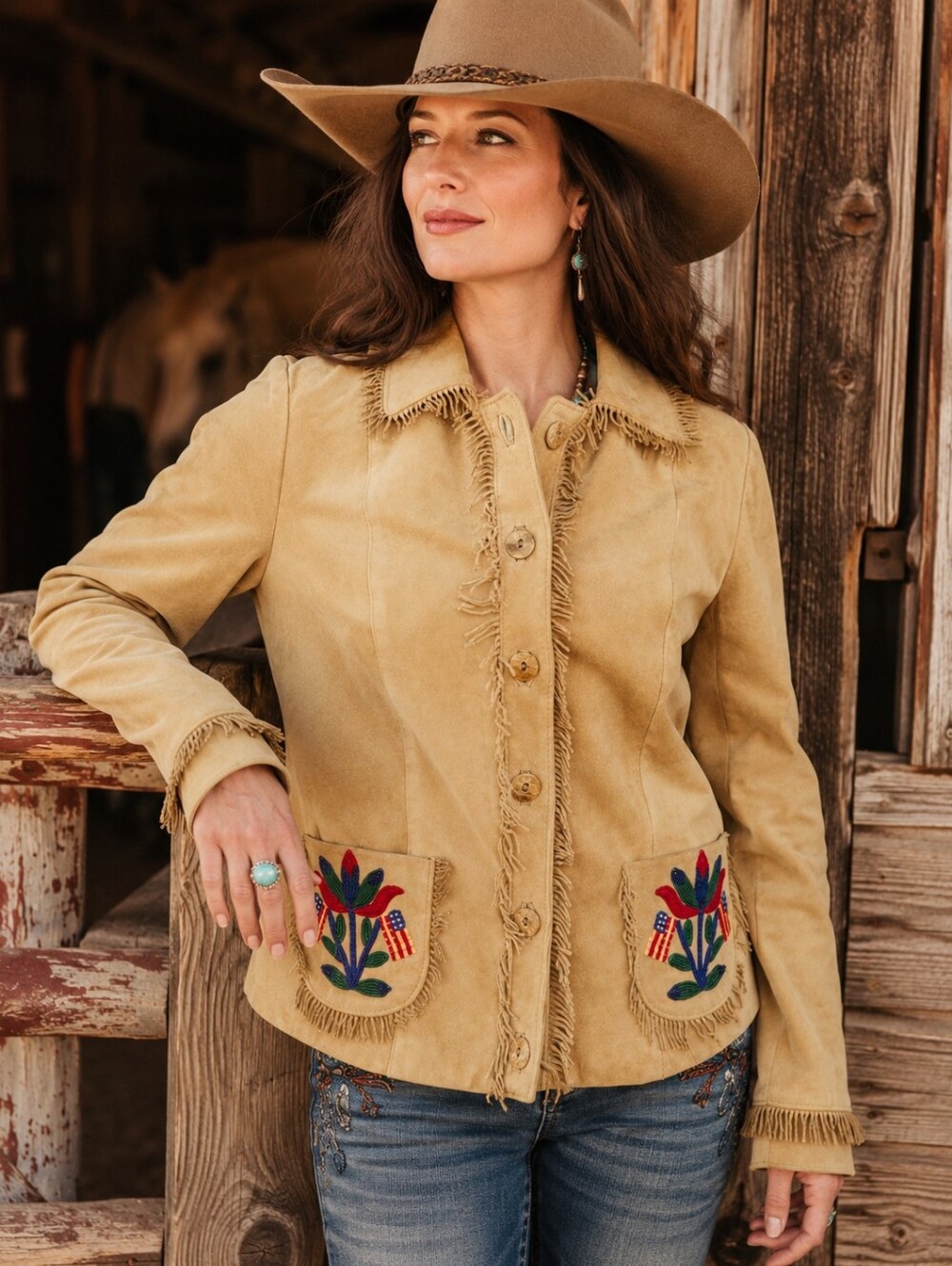 Double D Ranch tan suede fringe western jacket floral beaded button down medium - Picture 1 of 8